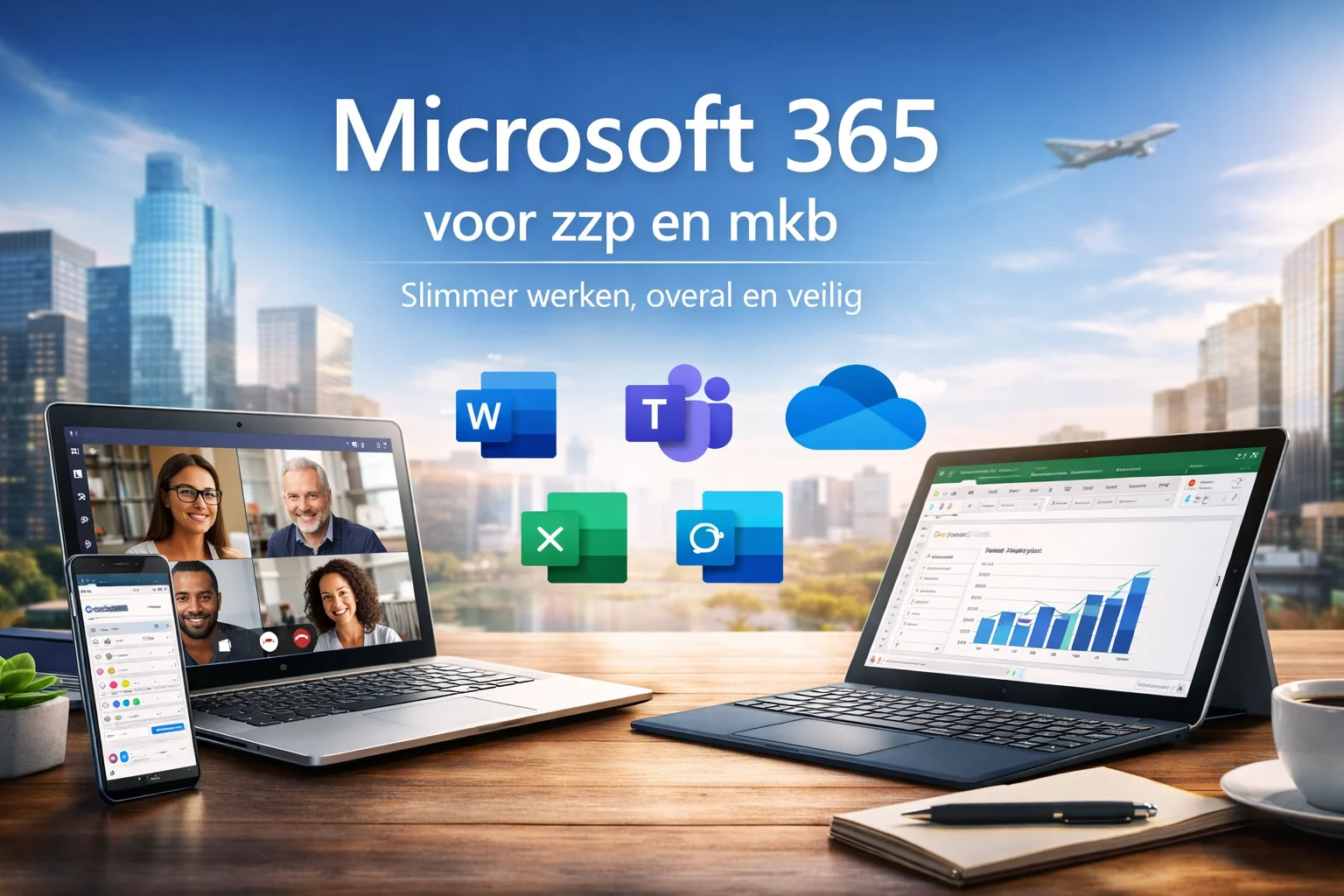 Microsoft 365 voor zzp en mkb: illustratie met Word, Teams, Excel en OneDrive op laptops en telefoon