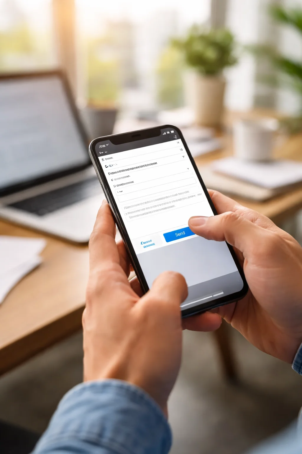 Persoon verstuurt een e-mail vanaf een smartphone naast een laptop